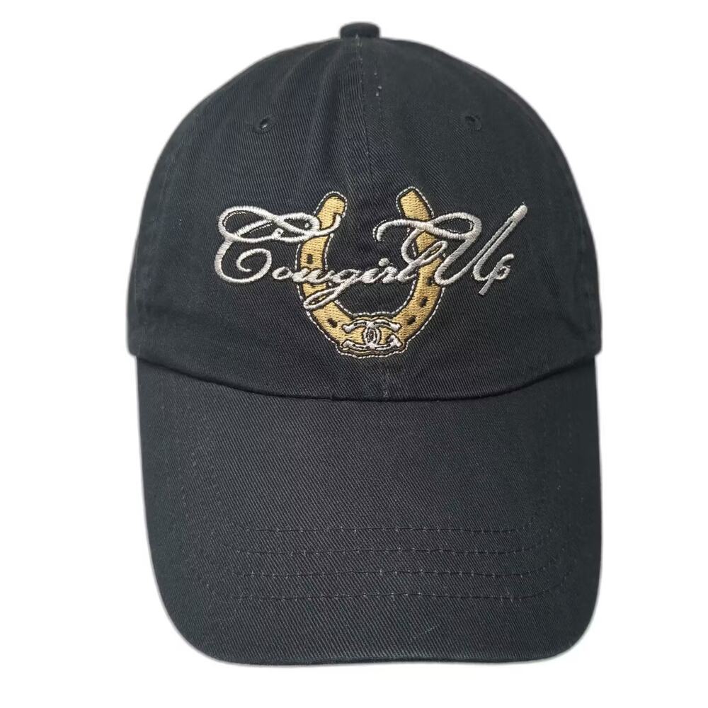 Cowgirl Up Baseball Cap Black Gold Strapback Horseshoe Embroidered OS Hat